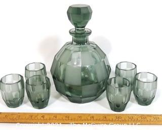 Smokey Bohemian Czech Art Deco Cut Glass Liquor Decanter with 6 Geometric Cut Glasses.