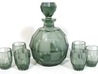 Smokey Bohemian Czech Art Deco Cut Glass Liquor Decanter with 6 Geometric Cut Glasses.