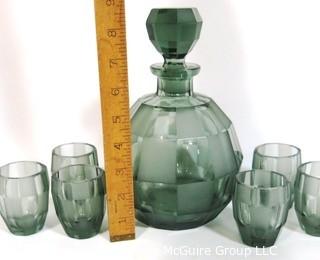 Smokey Bohemian Czech Art Deco Cut Glass Liquor Decanter with 6 Geometric Cut Glasses.