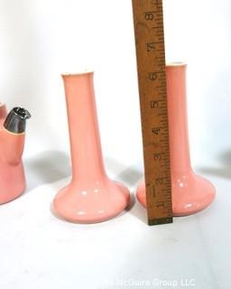 (2) Vintage HALL Pink Restaurantware Porcelain Pottery; Individual Serving Coffee Pot or Tea Pots with Silver Tip & (2) Matching Bud Vases.