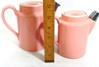 (2) Vintage HALL Pink Restaurantware Porcelain Pottery; Individual Serving Coffee Pot or Tea Pots with Silver Tip & (2) Matching Bud Vases.