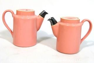 (2) Vintage HALL Pink Restaurantware Porcelain Pottery; Individual Serving Coffee Pot or Tea Pots with Silver Tip & (2) Matching Bud Vases.