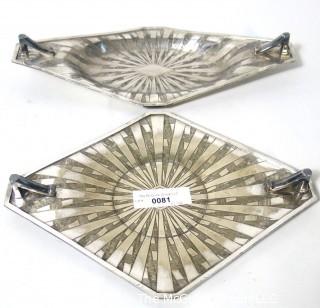 (2) Vintage Art Deco Silver Plate Serving Trays Made by Weidlich Bros with Geometric Design. Marked BMMTS for Britannia Metal Mounts.