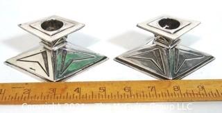 Pair of  Vintage Art Deco Silver Plate Candlesticks Made by Weidlich Bros with Geometric Design. They measures approximately 2.5" tall and 3" wide.