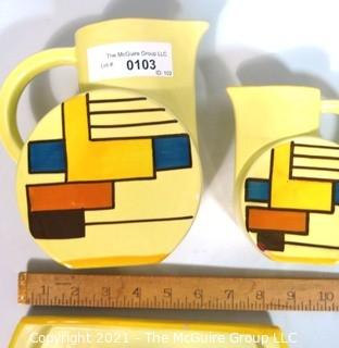 (3) Piece Art Deco Hand Painted Majolica Set Made by  SMF Schramberg Pottery in Germany.  Two Pitchers with Matching Tray Designed by Eva Zeisel in the Style of  Mondrian.  