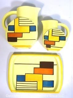 (3) Piece Art Deco Hand Painted Majolica Set Made by  SMF Schramberg Pottery in Germany.  Two Pitchers with Matching Tray Designed by Eva Zeisel in the Style of  Mondrian.  