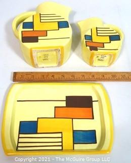 (3) Piece Art Deco Hand Painted Majolica Set Made by  SMF Schramberg Pottery in Germany.  Two Pitchers with Matching Tray Designed by Eva Zeisel in the Style of  Mondrian.  