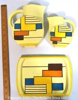 (3) Piece Art Deco Hand Painted Majolica Set Made by  SMF Schramberg Pottery in Germany.  Two Pitchers with Matching Tray Designed by Eva Zeisel in the Style of  Mondrian.  