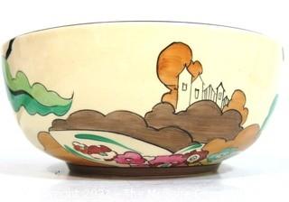 Clarice Cliff Bizarre Hand Painted Art Deco Bowl Made by Newport Pottery. Measures approximately 4" tall and 8" in diameter.