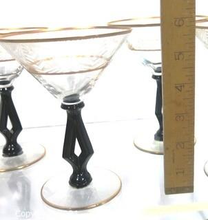 (24) Piece Set of Etched Crystal Glassware with Gilt Edge and Black Open work Base.  