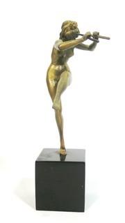 Cast Art Deco Statue of Female Nymph Playing Flute on Black Marble Base.  Measures approximately 9" tall. 