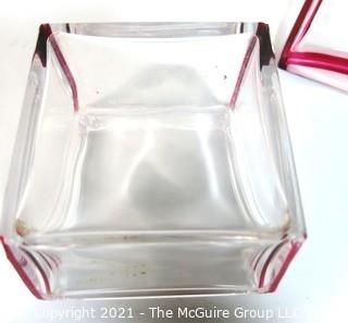 Vintage Clear Crystal with Pink Edge Val St Lambert, Made in Belgium Glass  Vanity or Trinket Box.  Makers mark stamped on bottom. 