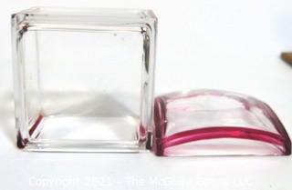 Vintage Clear Crystal with Pink Edge Val St Lambert, Made in Belgium Glass  Vanity or Trinket Box.  Makers mark stamped on bottom. 