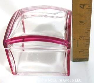 Vintage Clear Crystal with Pink Edge Val St Lambert, Made in Belgium Glass  Vanity or Trinket Box.  Makers mark stamped on bottom. 