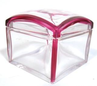 Vintage Clear Crystal with Pink Edge Val St Lambert, Made in Belgium Glass  Vanity or Trinket Box.  Makers mark stamped on bottom. 