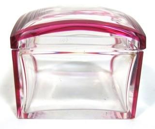 Vintage Clear Crystal with Pink Edge Val St Lambert, Made in Belgium Glass  Vanity or Trinket Box.  Makers mark stamped on bottom. 