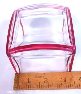 Vintage Clear Crystal with Pink Edge Val St Lambert, Made in Belgium Glass  Vanity or Trinket Box.  Makers mark stamped on bottom. 