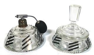 Set of (2) Palda Art Deco Bohemian Cut Crystal with Black Accents Vanity Bottles.  One Atomizer Perfume Bottle and One Flacon Bottle with Dauber.  <br> <br> Many of the Karl Palda Bohemian Art Deco cut glass pieces in this auction were featured in the book “Collectible Bohemian Glass (1915 – 1945) Volume II” by Robert & Deborah Truitt.