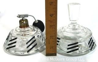 Set of (2) Palda Art Deco Bohemian Cut Crystal with Black Accents Vanity Bottles.  One Atomizer Perfume Bottle and One Flacon Bottle with Dauber.  <br> <br> Many of the Karl Palda Bohemian Art Deco cut glass pieces in this auction were featured in the book “Collectible Bohemian Glass (1915 – 1945) Volume II” by Robert & Deborah Truitt.