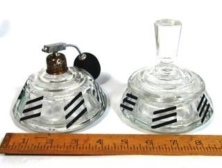 Set of (2) Palda Art Deco Bohemian Cut Crystal with Black Accents Vanity Bottles.  One Atomizer Perfume Bottle and One Flacon Bottle with Dauber.  <br> <br> Many of the Karl Palda Bohemian Art Deco cut glass pieces in this auction were featured in the book “Collectible Bohemian Glass (1915 – 1945) Volume II” by Robert & Deborah Truitt.