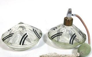 (2) Palda Art Deco Bohemian Cut Crystal with Black Accents Vanity Set - One Atomizer Perfume Bottle and One Trinket or Jewelry Box. <br> <br> Many of the Karl Palda Bohemian Art Deco cut glass pieces in this auction were featured in the book “Collectible Bohemian Glass (1915 – 1945) Volume II” by Robert & Deborah Truitt.