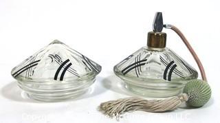 (2) Palda Art Deco Bohemian Cut Crystal with Black Accents Vanity Set - One Atomizer Perfume Bottle and One Trinket or Jewelry Box. <br> <br> Many of the Karl Palda Bohemian Art Deco cut glass pieces in this auction were featured in the book “Collectible Bohemian Glass (1915 – 1945) Volume II” by Robert & Deborah Truitt.