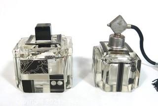 (2) Palda Art Deco Bohemian Cut Crystal with Black Accents Vanity Set by Karl Palda, Made in  Czechoslovakia .  One Atomizer Perfume Bottle and One Trinket or Jewelry Box. <br> <br> Many of the Karl Palda Bohemian Art Deco cut glass pieces in this auction were featured in the book “Collectible Bohemian Glass (1915 – 1945) Volume II” by Robert & Deborah Truitt.