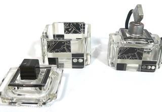 (2) Palda Art Deco Bohemian Cut Crystal with Black Accents Vanity Set by Karl Palda, Made in  Czechoslovakia .  One Atomizer Perfume Bottle and One Trinket or Jewelry Box. <br> <br> Many of the Karl Palda Bohemian Art Deco cut glass pieces in this auction were featured in the book “Collectible Bohemian Glass (1915 – 1945) Volume II” by Robert & Deborah Truitt.