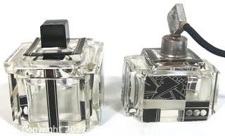 (2) Palda Art Deco Bohemian Cut Crystal with Black Accents Vanity Set by Karl Palda, Made in  Czechoslovakia .  One Atomizer Perfume Bottle and One Trinket or Jewelry Box. <br> <br> Many of the Karl Palda Bohemian Art Deco cut glass pieces in this auction were featured in the book “Collectible Bohemian Glass (1915 – 1945) Volume II” by Robert & Deborah Truitt.