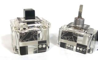 (2) Palda Art Deco Bohemian Cut Crystal with Black Accents Vanity Set by Karl Palda, Made in  Czechoslovakia .  One Atomizer Perfume Bottle and One Trinket or Jewelry Box. <br> <br> Many of the Karl Palda Bohemian Art Deco cut glass pieces in this auction were featured in the book “Collectible Bohemian Glass (1915 – 1945) Volume II” by Robert & Deborah Truitt.