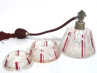 (2) Palda Art Deco Bohemian Cut Crystal with Red Accents Vanity Set Made in Czechoslovakia .  One Atomizer Perfume Bottle and One Trinket or Jewelry Box. <br> <br> Many of the Karl Palda Bohemian Art Deco cut glass pieces in this auction were featured in the book “Collectible Bohemian Glass (1915 – 1945) Volume II” by Robert & Deborah Truitt.