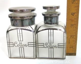 Two Vintage Art Deco Clear Crystal with Silver Overlay Vanity Bottles for Cotton Balls & Lotion.  They measure approximately 5" tall.  