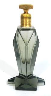 Vintage Art Deco Volupte Smokey Crystal Perfume Flacon Bottle With Dauber.  Measures approximately 6" tall.