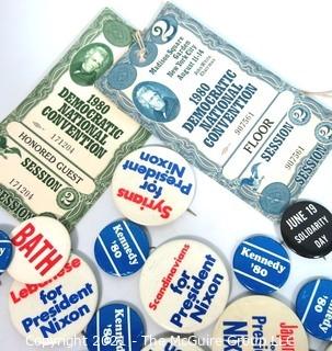 Collection of Authentic Political Buttons and Convention Passes.