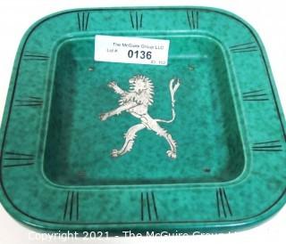 Gustavsberg Argenta Stoneware Pottery Dish Designed by Wilhelm Kage with Silver Lion on Jade Green Base.. Measures approximately 8" square 