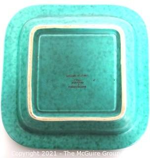 Gustavsberg Argenta Stoneware Pottery Dish Designed by Wilhelm Kage with Silver Lion on Jade Green Base.. Measures approximately 8" square 