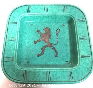 Gustavsberg Argenta Stoneware Pottery Dish Designed by Wilhelm Kage with Silver Lion on Jade Green Base.. Measures approximately 8" square 