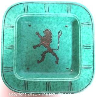 Gustavsberg Argenta Stoneware Pottery Dish Designed by Wilhelm Kage with Silver Lion on Jade Green Base.. Measures approximately 8" square 