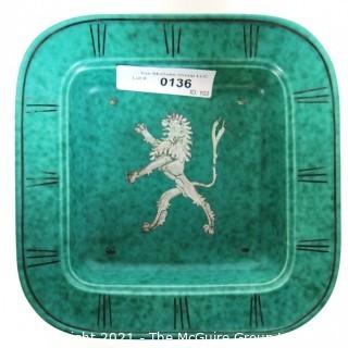 Gustavsberg Argenta Stoneware Pottery Dish Designed by Wilhelm Kage with Silver Lion on Jade Green Base.. Measures approximately 8" square 