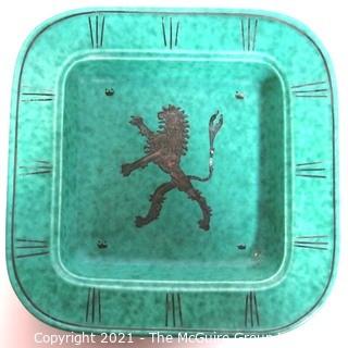 Gustavsberg Argenta Stoneware Pottery Dish Designed by Wilhelm Kage with Silver Lion on Jade Green Base.. Measures approximately 8" square 