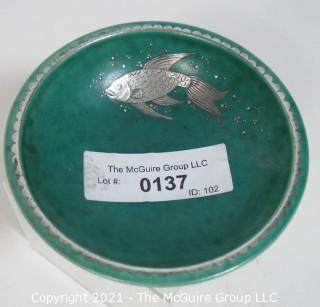 Gustavsberg Argenta Stoneware Pottery Bowl Designed by Wilhelm Kage with Silver Fish on Jade Green Base. Measures approximately 5" in diameter.