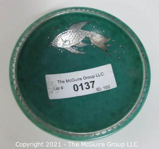 Gustavsberg Argenta Stoneware Pottery Bowl Designed by Wilhelm Kage with Silver Fish on Jade Green Base. Measures approximately 5" in diameter.