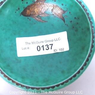 Gustavsberg Argenta Stoneware Pottery Bowl Designed by Wilhelm Kage with Silver Fish on Jade Green Base. Measures approximately 5" in diameter.