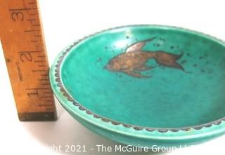 Gustavsberg Argenta Stoneware Pottery Bowl Designed by Wilhelm Kage with Silver Fish on Jade Green Base. Measures approximately 5" in diameter.