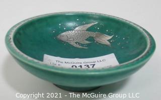 Gustavsberg Argenta Stoneware Pottery Bowl Designed by Wilhelm Kage with Silver Fish on Jade Green Base. Measures approximately 5" in diameter.