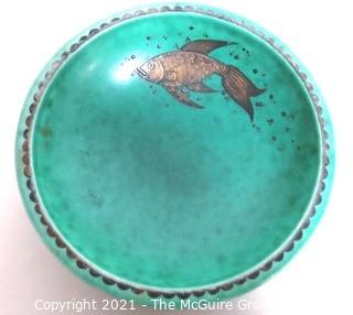 Gustavsberg Argenta Stoneware Pottery Bowl Designed by Wilhelm Kage with Silver Fish on Jade Green Base. Measures approximately 5" in diameter.