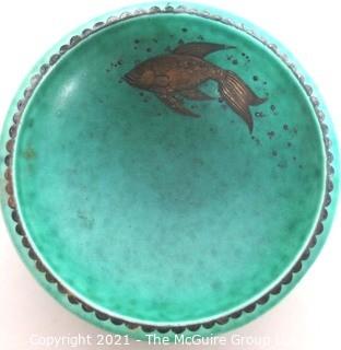 Gustavsberg Argenta Stoneware Pottery Bowl Designed by Wilhelm Kage with Silver Fish on Jade Green Base. Measures approximately 5" in diameter.