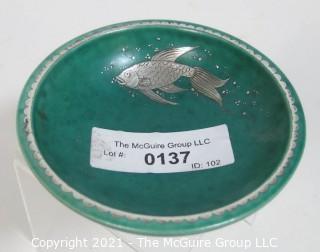 Gustavsberg Argenta Stoneware Pottery Bowl Designed by Wilhelm Kage with Silver Fish on Jade Green Base. Measures approximately 5" in diameter.