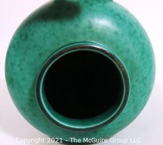 Gustavsberg Argenta Stoneware Pottery Vase Designed by Wilhelm Kage with Silver Lion on Jade Green Base. Measures approximately 7" tall