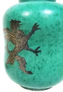 Gustavsberg Argenta Stoneware Pottery Vase Designed by Wilhelm Kage with Silver Lion on Jade Green Base. Measures approximately 7" tall